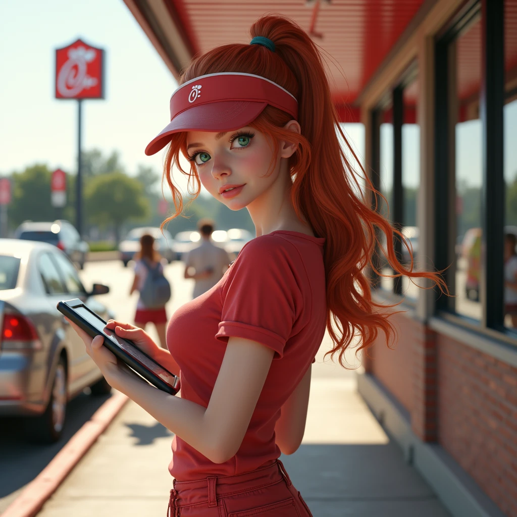 photo of 1girl, exceptionally stunning, 16yo, (slender petit frame:1.2), (large naturally sagging breasts:1.2), (braless, cleavage), beautiful detailed green eyes, redhead, long hair in wind-blown ponytail with loose tendrils framing her face, (cute:1.1), very pale skin, (adorable:1.1), taking viewer's order, (standing outside beside the drive thru line with a tablet:1.3), (Chick-Fil-A, wearing a cute work uniform with ((short shorts)), Henley shirt, (visor:1.1), white sneakers), (best quality,4k,8k,highres,masterpiece:1.4),ultra-detailed,(realistic,photorealistic,photo-realistic:1.5),HDR,studio lighting,vivid colors,bokeh,(girl's emotions: bashful, coy, demure, coquettish, kittenish,awkward),(viewer's emotions: aroused, attracted, lust, infatuation, fascination, seduced), (Scene: viewer pulled into line to order and noticed her, instantly falling in love), line of cars, fast food restaurant, parking lot, pedestrians passing by with fast food items