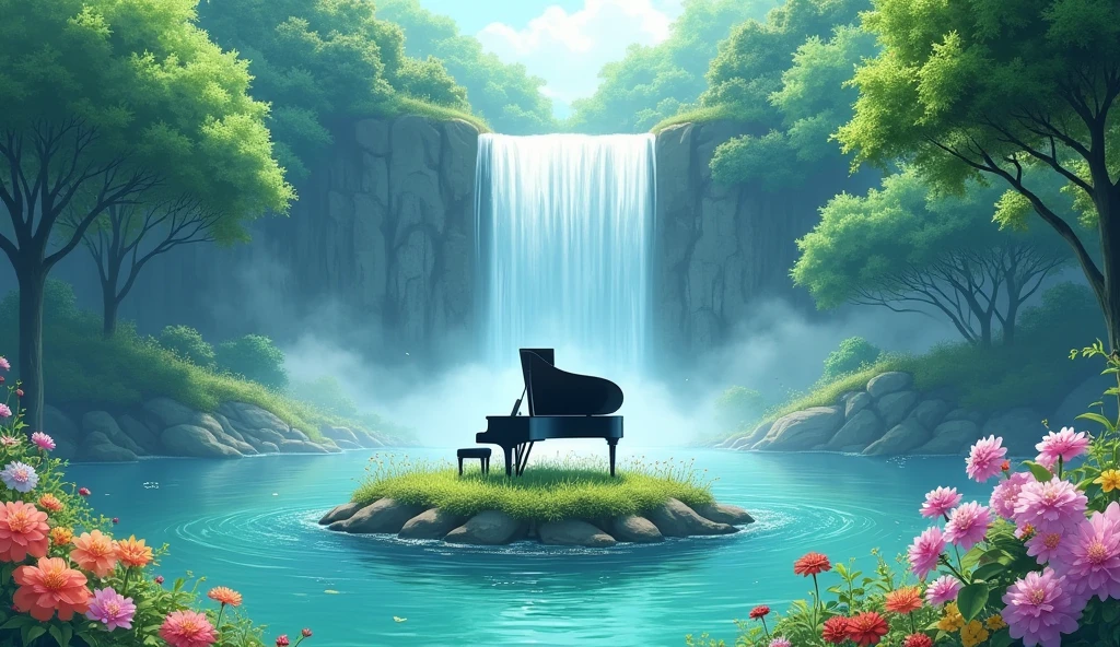 This image is、I draw tranquil natural scenery.。In the center is a grand piano placed on the island.、A waterfall cascades in the background.、Lush tree々It is surrounded by。In the foreground there are colorful flowers、The soft light of early morning or evening envelops the whole.。This scene、It creates a peaceful and magical atmosphere.。Fantastic watercolor style。Makoto Shinkai-style anime。Green foliage tree