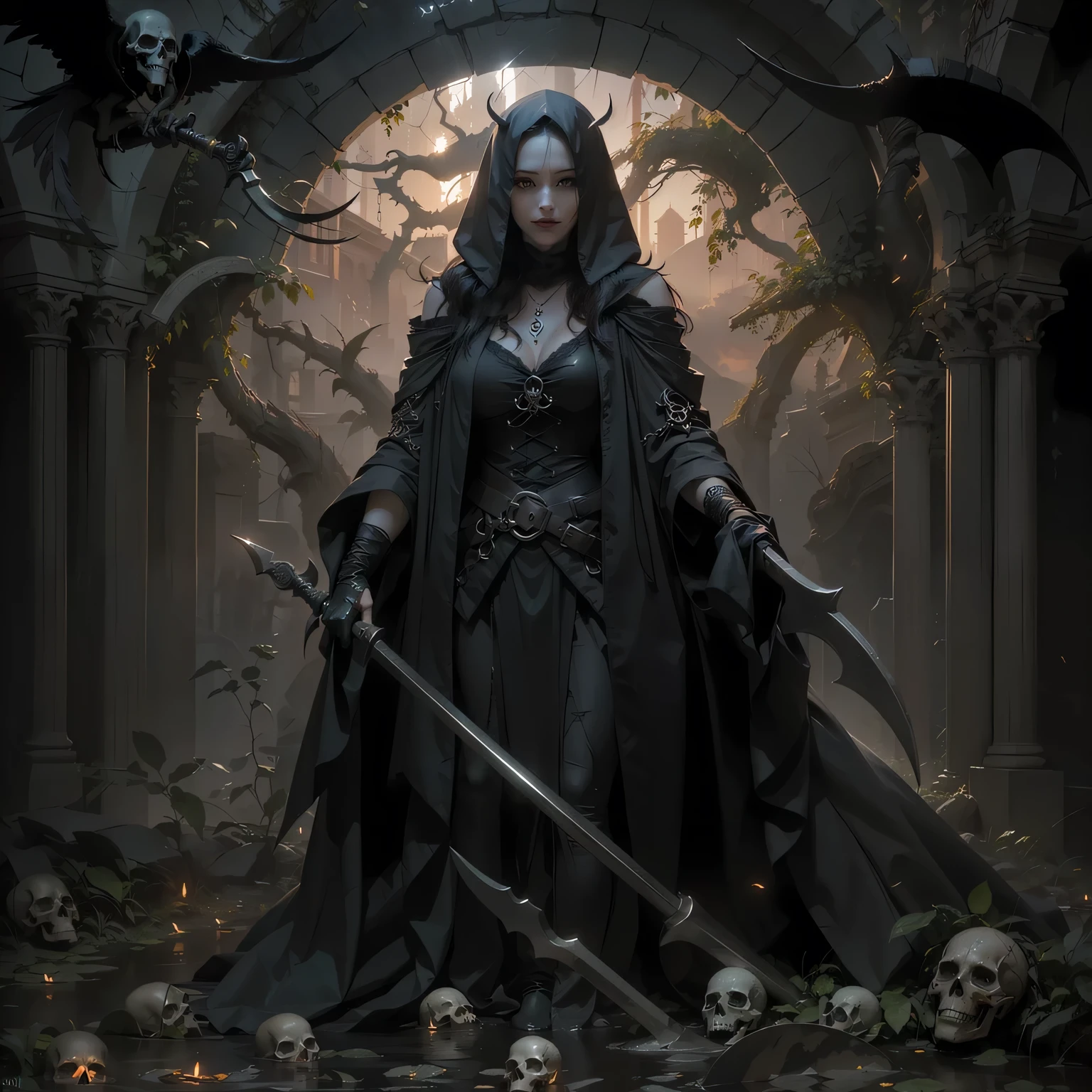 a female grimm reaper warrior, dark hooded robe, scythe weapon, gothic fantasy, intricate details, dark moody lighting, dramatic pose, intense glowing eyes, detailed facial features, long flowing hair, dark shadowy background, photorealistic, 8k, highly detailed, cinematic, dramatic lighting, dramatic atmosphere, striking pose