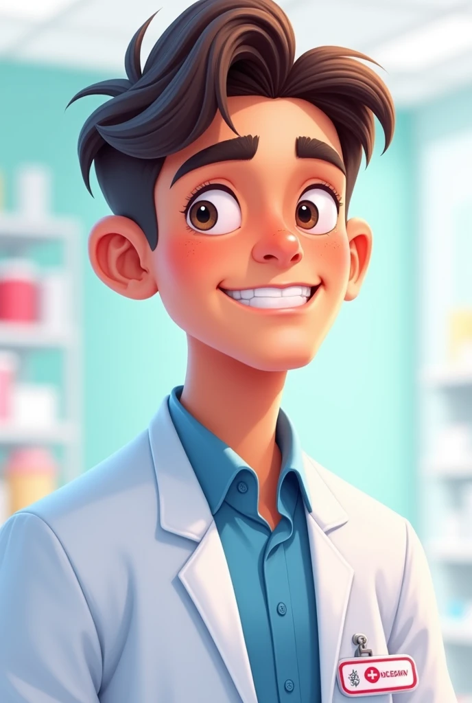 I would like a picture of a 2D male pharmacist with a center-parted hairstyle. He looks good and handsome as a teenager.