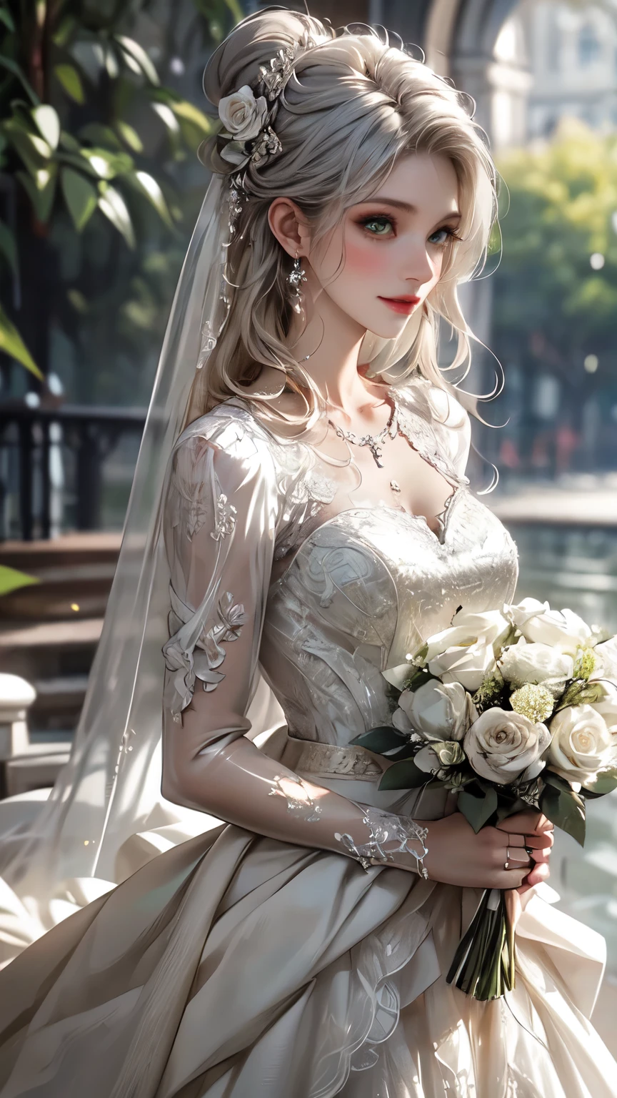(masterpiece, highest quality, beautifully、aesthetic:1.3), Upper Body, Looking Back, View Viewer, One girl, alone, A light smile, (compensate, Long Hair, Light grey hair, Green Eyes:1.2), Ruani 0256, Bridal Veil, lace trim dress, See through, Wedding dress, Outdoor, White Rose, garden, morning, Are standing, Very detailed,
