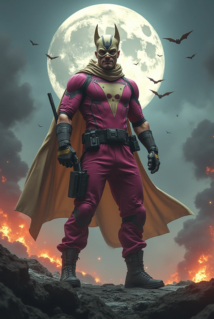 Malaysia man in high-tech suit, vivid effects, malaysian superhero (KELUANG MAN) in a striking pink and beige costume cyberpunk design, mask small mini bat ear beige, daredevil beige mask, jumpsuit dark pink stands confidently in a dramatic.jumping from high place.hero costume.one hand rise up. Big triangle logo on the chest.high detail Punisher logo on the chest. Fighting pose , stormy landscape. ((Head covered node guard like batman. Running pose , athletic body type, small mini ear bat mask))The character wears domino mask a helmet with pointed mini torn ears and a flowing cape biege, open nose and mouth. Equipped with visible futuristic weapons on a belt,bullet proof jacket pink dark day.show fingers pose, dark night, big supermoon effect . Small logo on chest triangle shape small punisher logo center triangle cyber logo center on chest pink logo mini logo((WEAR LOOSE CARGO PANT.)) . rocky. Building top.smoke ground , bomb effect background, losse pants, losses costume.adding to --ar 3:4 --style raw --stylize 500 --v 6.1. chaos. Lot of small flying bat. One leg on the high stone. Man . Real man age 40 year old. One hand holding belt.one hand holding black rope hanging on building