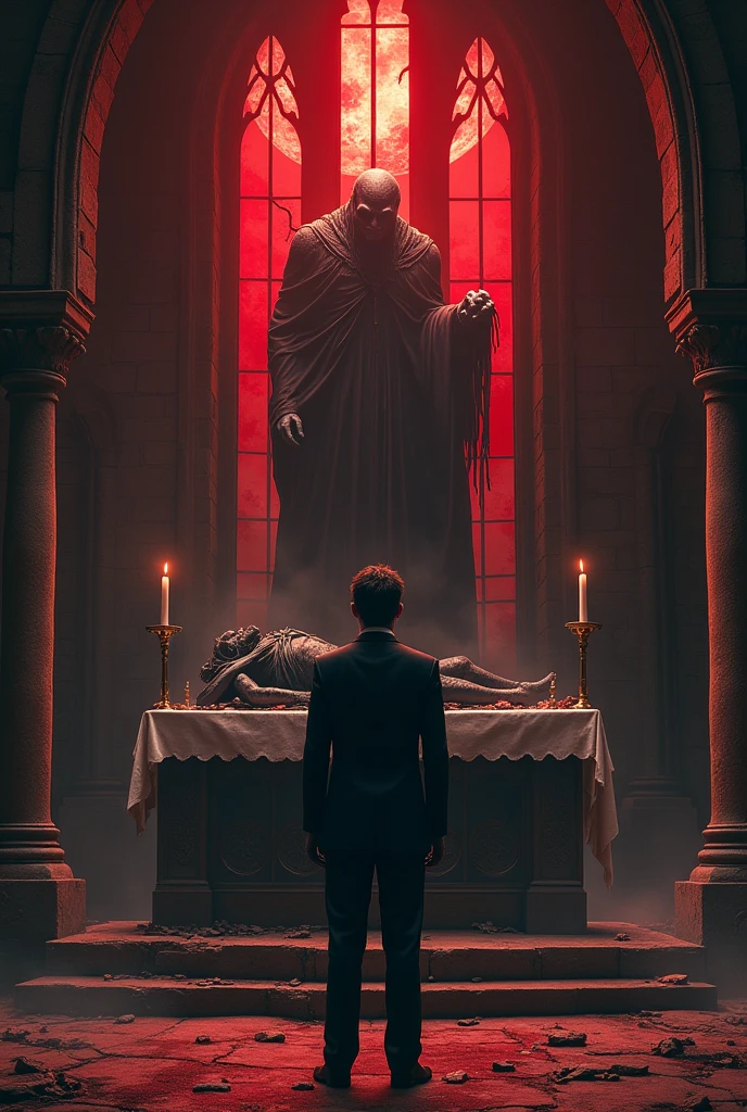 a blood-colored moon reflects through the windows, inside an old chapel with altar, man in suit waiting, a monster on the chapel altar