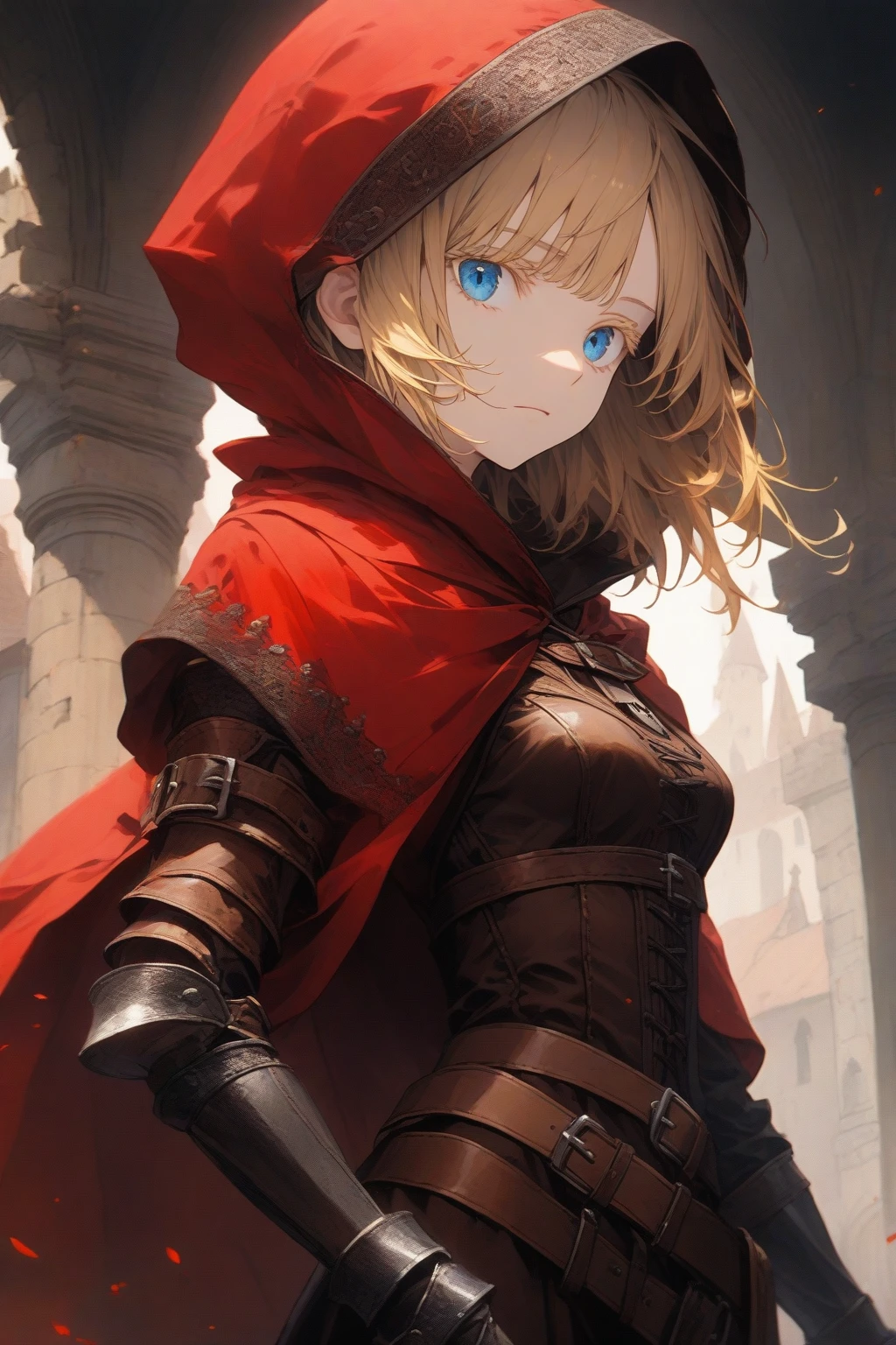 masterpiece, best quality, very aesthetic, absurdres,1girl,rating: general,(hyper detailed eyes),blonde hair,short hair,[disheveled hair],colored eyelashes,blonde eyelashes,blue eyes,(sharp eyes),(slanted eyes),choppy bangs,medium breasts,clear face,expressionless,(red hooded cloak),leather armor,leather chest guard,leather gauntlets,leather greaves,leather boots,dagger on hip,medieval,