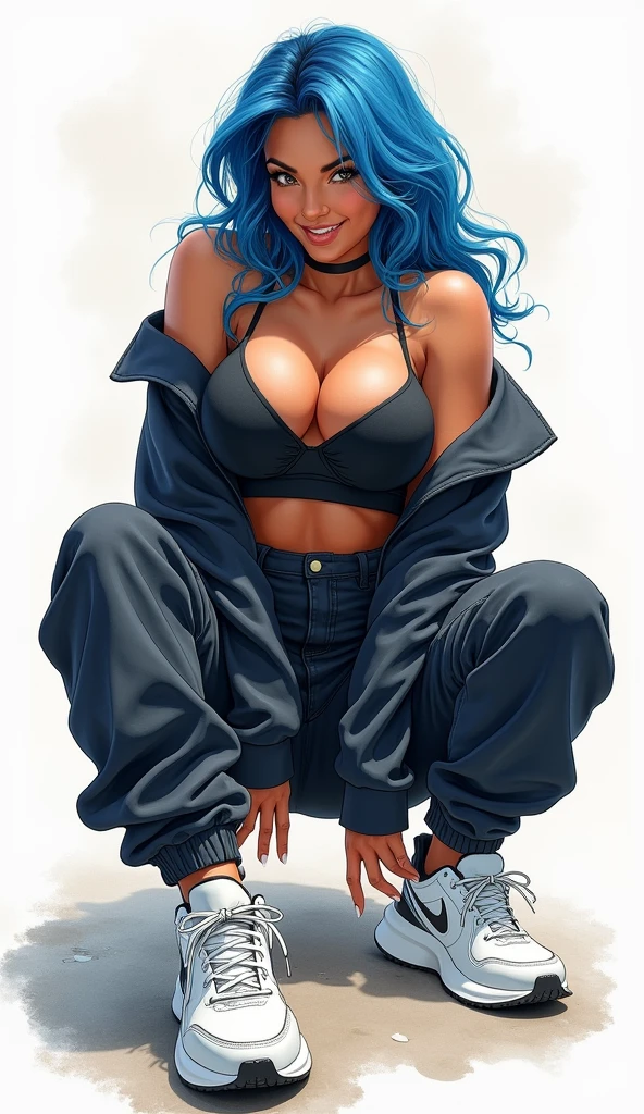 absurdres,, (1girl:1.2),  (abs:1.23),huge_breasts、(dark_tanskin:1.3)unity  Dynamism,forward leaning posture、(Blue hair)、spread legs、she looks away, Loose-fitting clothing、Blurred Background、Sagging breasts、Leaning forward,((manga style:1.23)) , 、(white background:1.5)、A happy look、Plump body、Sitting、Legs crossed、Watercolor、(Watercolor style:1.8),(black clothes:1.5)、NIKE sneakers、Sneaker commercial、(Close up on sneakers:1.55)