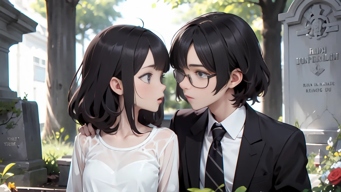 (very handsome: 1.2), 8 thousand, (masterpiece: 1.0), (best_quality: 1.0), 2 men, the man on the left has black hair, black-rimmed glasses, white shirt, black suit jacket, black tie, black Gloves, indifferent eyes, quiet temperament, handsomeness, and intricate details, enlarged texture, exquisite eyes and detailed face, tired eyes, equal eyes, Carolina eyes, 45-degree profile; man on the right , black hair, white T-shirt, jeans, handsome eyes, lively temperament, handsomeness, and intricate details, enlarged texture, exquisite eyes and detailed face, equal eyes, Carolina eyes, two people leaning on each other Very close, cemetery, graveyard, mausoleum, tombstone, long shot, long shot