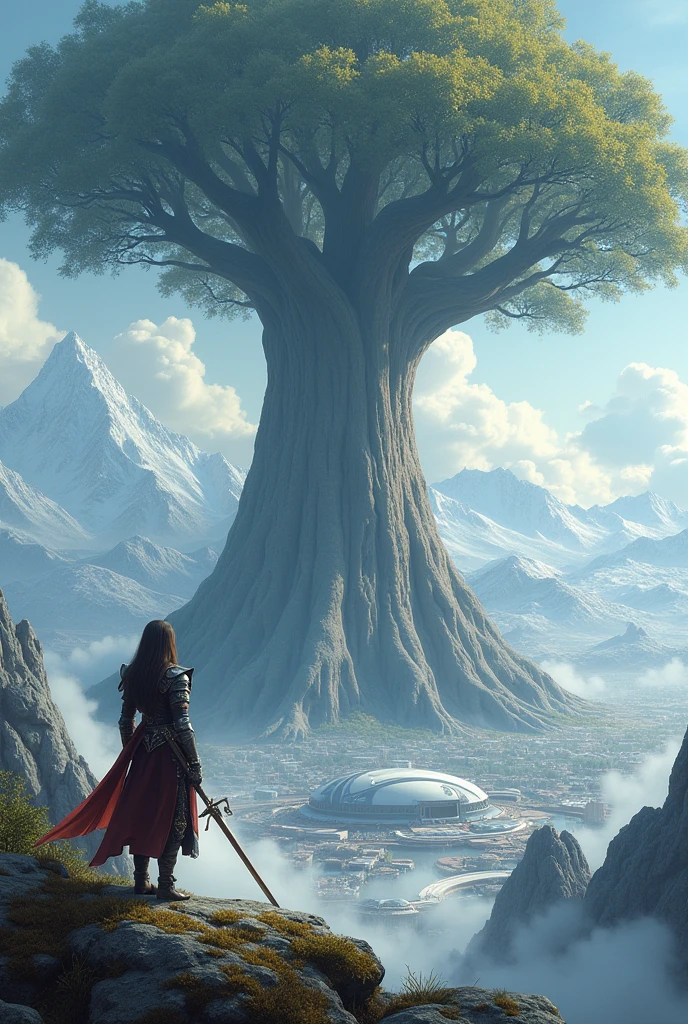 Create a hyper-realistic and highly detailed fantasy world scene where a female warrior while holding a sword is seen from a very great distance looking at a colossal tree, standing 20 kilometers tall. Below this tree, there is a range of snow-covered mountains enveloped by clouds. Beneath these mountains lies a futuristic modern city with a river flowing through its center. The focus of this photo is primarily on the incredibly large and tall tree, and secondarily on the female warrior. The scene should convey a sense of awe and the vastness of the landscape, with sharp contrasts between natural and futuristic elements.