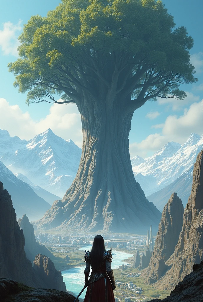 Create a hyper-realistic and highly detailed fantasy world scene where a female warrior while holding a sword is seen from a very great distance looking at a colossal tree, standing 20 kilometers tall. Below this tree, there is a range of snow-covered mountains enveloped by clouds. Beneath these mountains lies a futuristic modern city with a river flowing through its center. The focus of this photo is primarily on the incredibly large and tall tree, and secondarily on the female warrior. The scene should convey a sense of awe and the vastness of the landscape, with sharp contrasts between natural and futuristic elements.