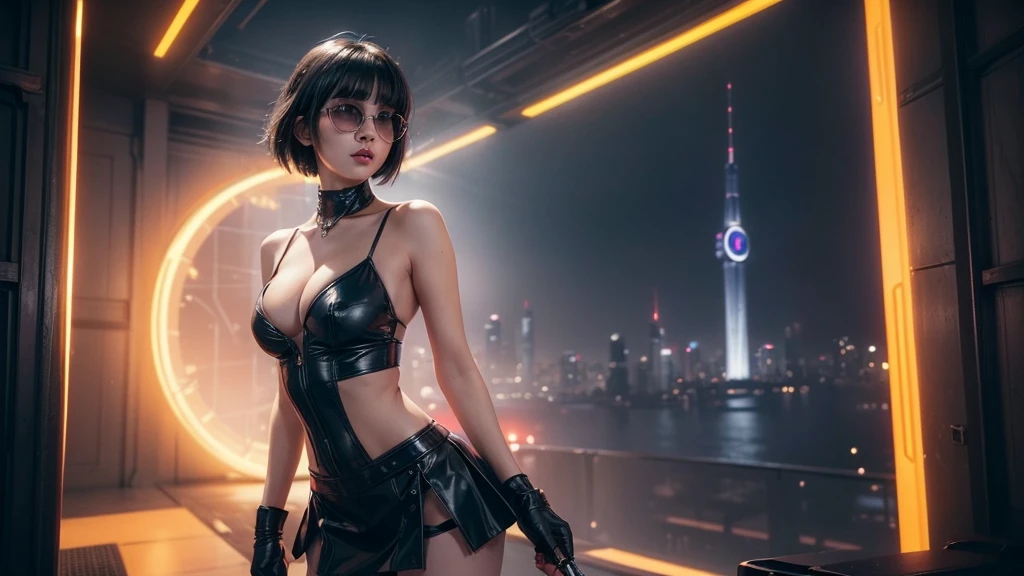 (Wide angle view). Blade Runner style futuristic city, simple outlined transparent neon tall buildings, glowing giant clock tower, flying cars, helicopter, lightning, 3D rendering Beeple. At night, (1girl, solo, alone), photorealistic, medium-breast slim:0.6 body, oval:0.6 face, cleavage:1.1, sexy black laced bra, glove, deep-V, (very low angle view of miniskirt), white laced panty, coat, (Matrix style black micro sunglasses), ((aiming viewer with a short gun)), (running pose), (half-body thigh level close-up shot), cinematic lighting, ray tracing.