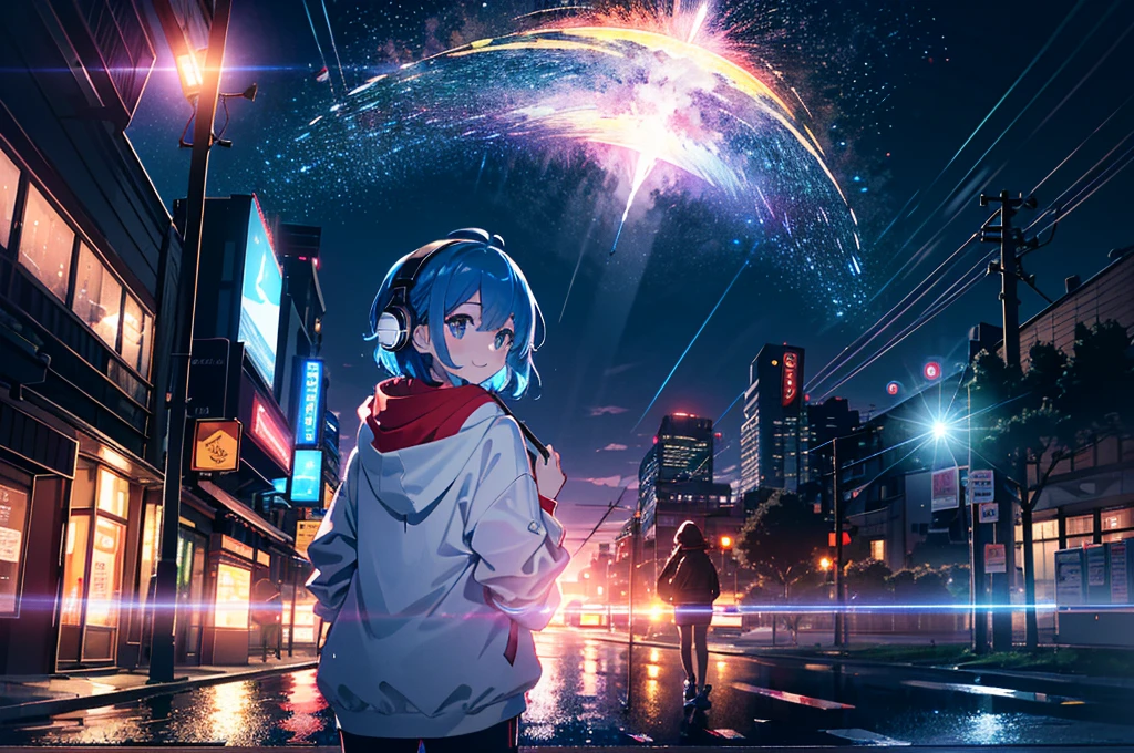 Absurd, High resolution,
Looking back at me, Rainy night city,Urban sidewalks、 Holding a red umbrella、signal machine、relax time, Fantastical light particles, Lens flare,A big smile、Blue Hair、（Red headphones:1.4）、（White hoodie:1.2)、Top view、(Angle from afar:1.2)、