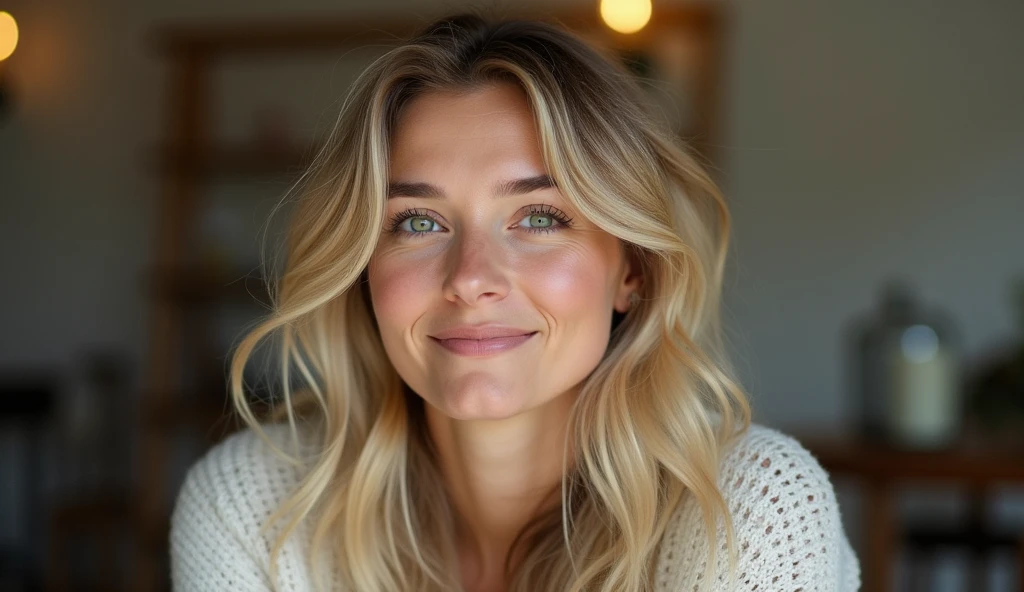 create an influencer at 40 years old,(((hair blonde,Scandinavian,light green eyes, light brown skin))),dappled,girl next door,Natural Photos, (((spontaneous photo,55 mm lens,)))permissive,in house, Background also sharp,(((smiling))), Further away from the camera ,natural posture, Don't look at the camera, (((The whole body should be visible, she is on her side standing sideways position )))