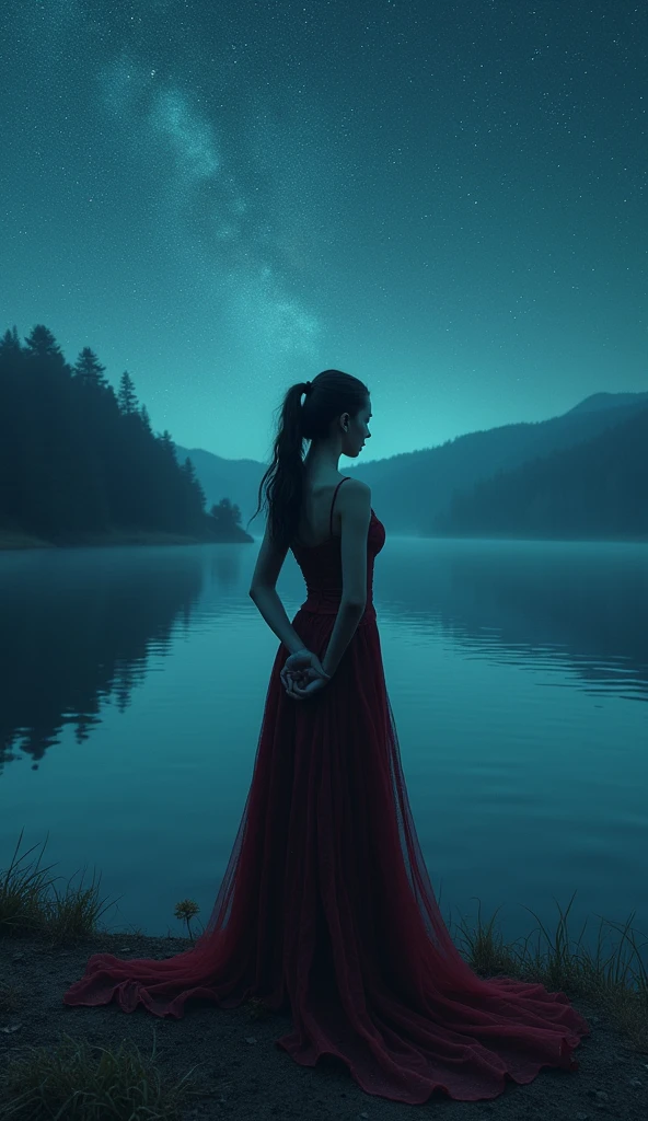 Break Bloodfallen, Break costume, ponytail, Outdoor, (night, Starry Sky:1.2), masterpiece, Put your arms behind your back, Highest quality, One girl, whole body, Mouth closed, lake, reflection, Outdoor, formula wallpaper