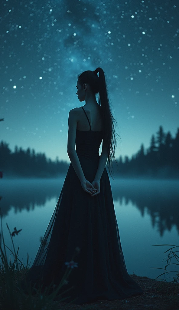 Break Bloodfallen, Break costume, ponytail, Outdoor, (night, Starry Sky:1.2), masterpiece, Put your arms behind your back, Highest quality, One girl, whole body, Mouth closed, lake, reflection, Outdoor, formula wallpaper