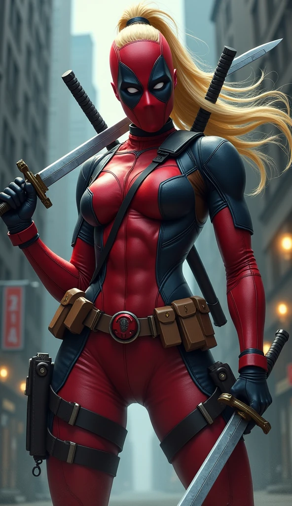 Female Deadpool, long blond pony tailed hair, wielding the famous sword, standing proud, dark city background, dynamic pose, 4k quality, very detailed, bokeh