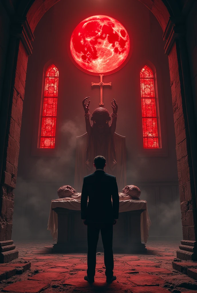 a blood-colored moon reflects through the windows, inside an old chapel with altar, man in suit waiting, a monster on the chapel altar