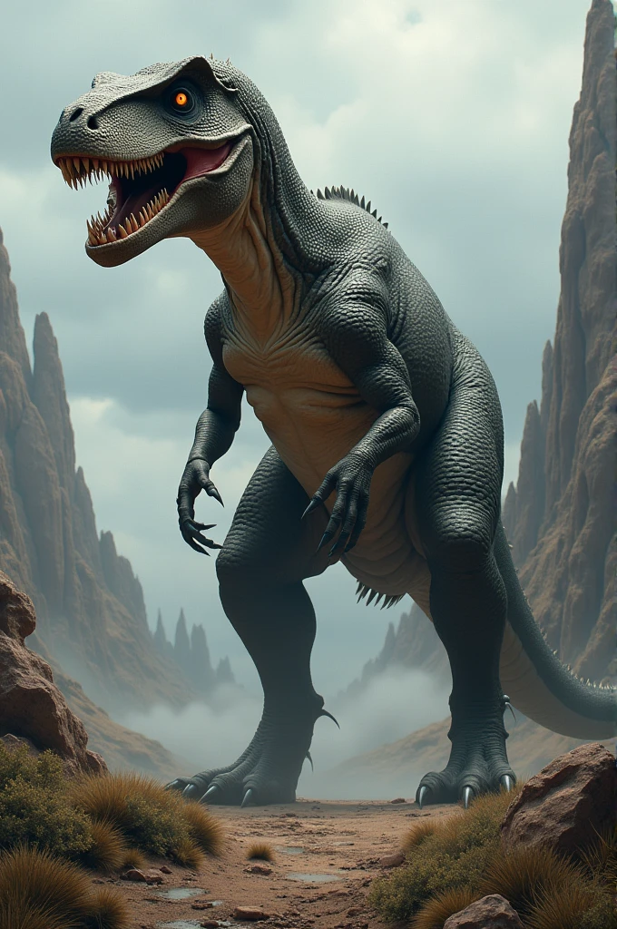 Create a hyper-realistic and frightening dinosaur inspired by American landscapes, with intricate textures and a menacing presence."