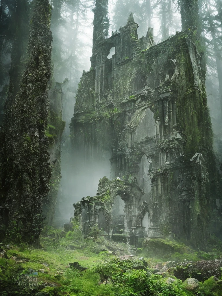 Impressive abandoned stone church, ruins in a dark misty forest, dark fairytale atmosphere, soft light, high chaos, intricate work by Johan Grenier style, Alyssa Monks style