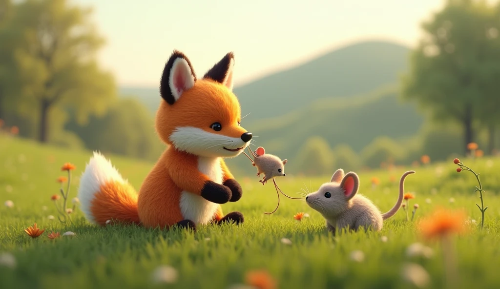 There is a shadow、Photorealistic、Ultra HD、The fox is holding a mouse in its mouth、Cute stuffed animal、The background is a grassland