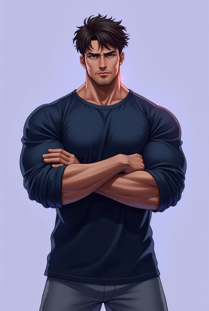 Baki hanma standing hand cross with dark blue full sleeve T shirt and grey pajama with light purple background