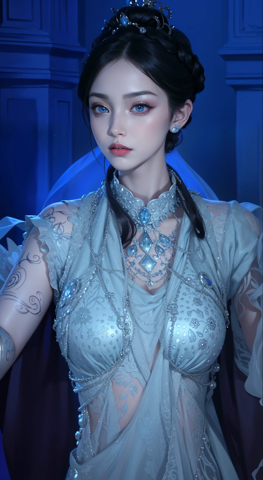 Royal sisters,Exquisite eyes,Frozen Queen,Put the crown on your head,Detailed facial expressions body,Tall and big,Glamorous characters,Leg length,4K,HD,Sensual,White translucent lace,白皙full image,Little cherry mouth,Beautiful and lovely,full image,Glossy Gel Coat,Vampire Queen in luxurious robes,Have a tattoo(Intricate tattoo designs),Ice Princess,Rich facial details,Angel,Eyes are blue(Pupils as deep as the starry sky),Silk printed clothes,Necklace gold,Silver clothes,Cosmic Starry Sky Diamond Bodysuit
