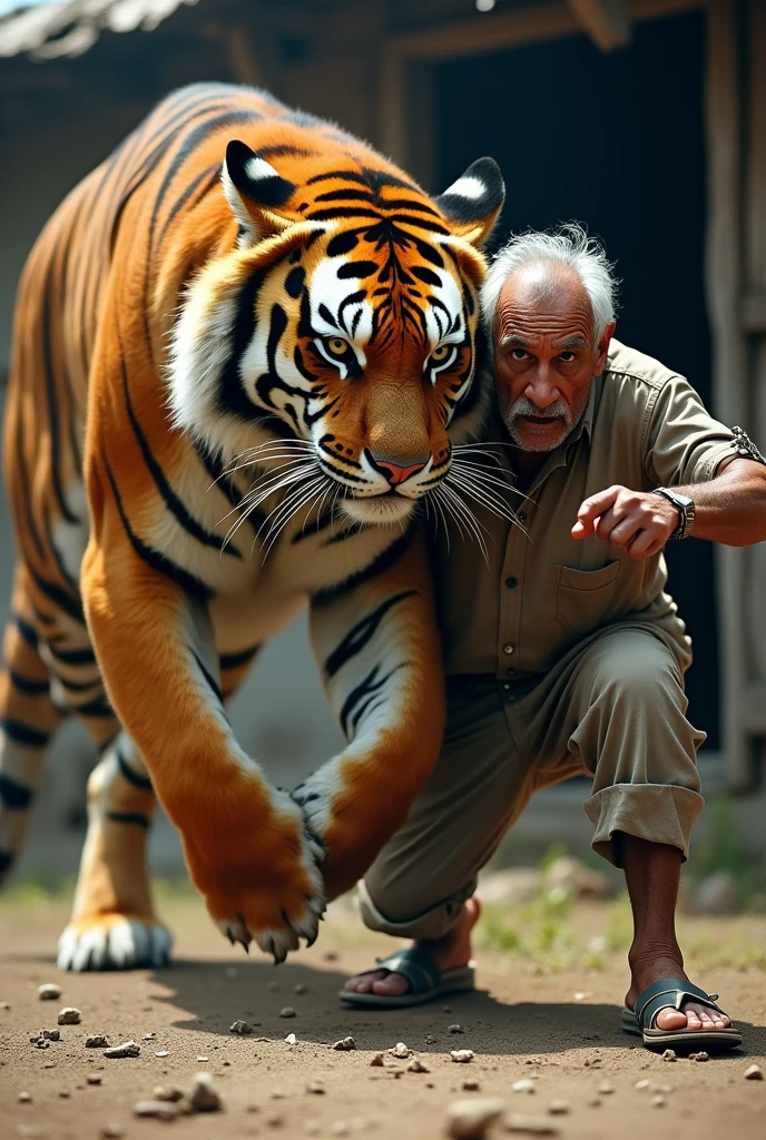 A tiger going to attack a old man and man trying to stop him by hand