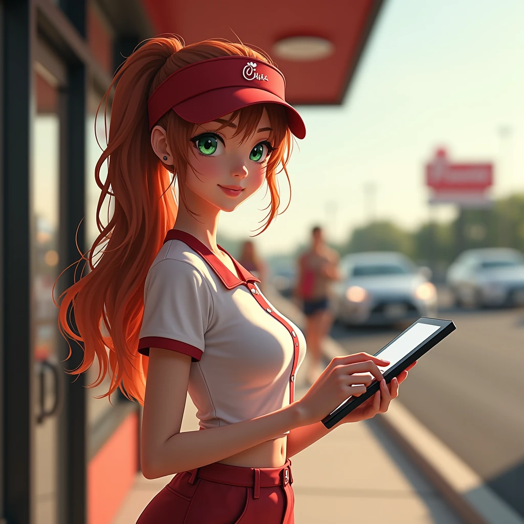 photo of 1girl, exceptionally stunning, yo, (slender petit frame:1.2), (large naturally sagging breasts:1.2), (braless, cleavage), beautiful detailed green eyes, redhead, long hair in wind-blown ponytail with loose tendrils framing her face, (cute:1.1), very pale skin, (adorable:1.1), taking viewer's order, (standing outside beside the drive thru line with a tablet:1.3), (Chick-Fil-A, wearing a cute work uniform with ((short shorts)), Henley shirt, (visor:1.1), white sneakers), (best quality,4k,8k,highres,masterpiece:1.4),ultra-detailed,(realistic,photorealistic,photo-realistic:1.5),HDR,studio lighting,vivid colors,bokeh,(girl's emotions: bashful, coy, demure, coquettish, kittenish,awkward),(viewer's emotions: aroused, attracted, lust, infatuation, fascination, seduced), (Scene: viewer pulled into line to order and noticed her, instantly falling in love), line of cars, fast food restaurant, parking lot, pedestrians passing by with fast food items