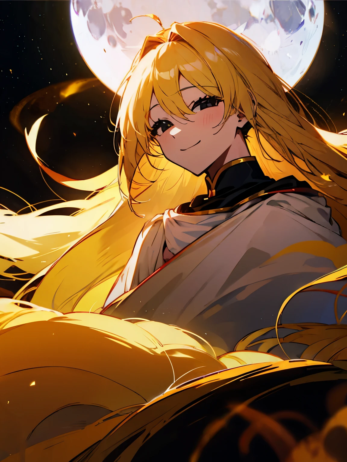 Moon God, , very long golden hair, black eyes, smiling