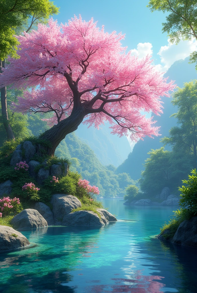 masterpiece, best quality, (Very detailed CG Unity 8k wallpaper) (best quality), (Best Illustration), (Best shadow) Vibrant colors, jungle, water, Natural Beauty, An oasis of tranquility , Cherry tree, Blue Sky Ray Tracing, Super Detailed --v6