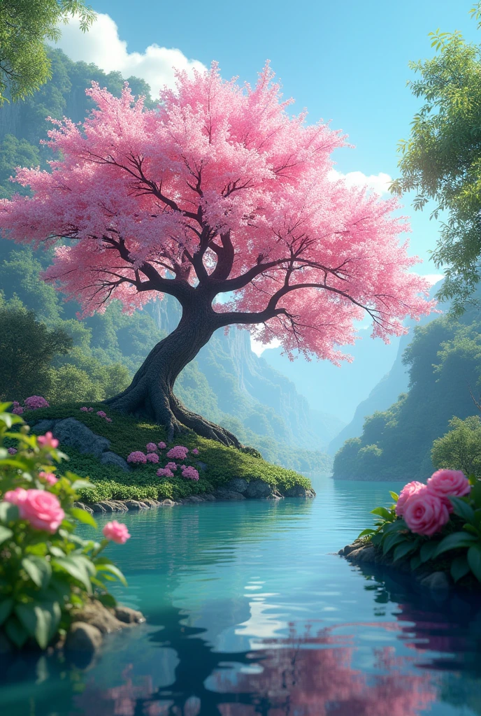 masterpiece, best quality, (Very detailed CG Unity 8k wallpaper) (best quality), (Best Illustration), (Best shadow) Vibrant colors, jungle, water, Natural Beauty, An oasis of tranquility , Cherry tree, Blue Sky Ray Tracing, Super Detailed --v6