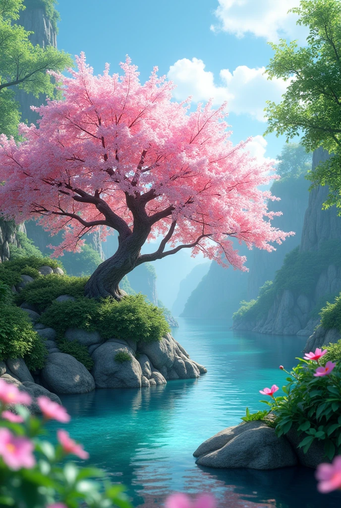 masterpiece, best quality, (Very detailed CG Unity 8k wallpaper) (best quality), (Best Illustration), (Best shadow) Vibrant colors, jungle, water, Natural Beauty, An oasis of tranquility , Cherry tree, Blue Sky Ray Tracing, Super Detailed --v6
