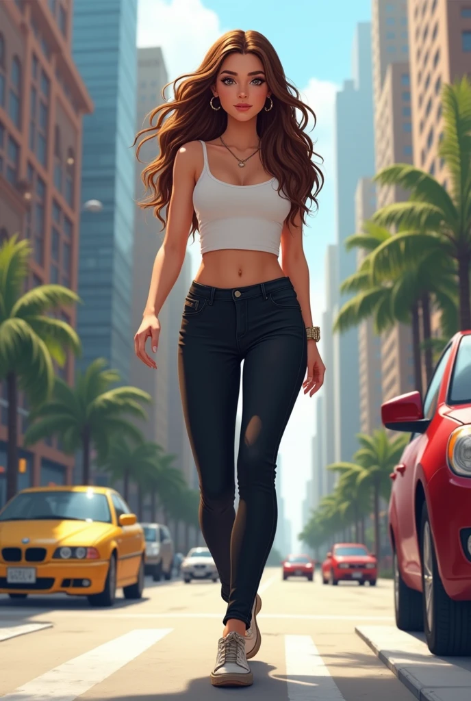 A girl walking on street and were black jeans and white short top and were shoes and long glossy brown hair and beautiful figure and beautiful body shape