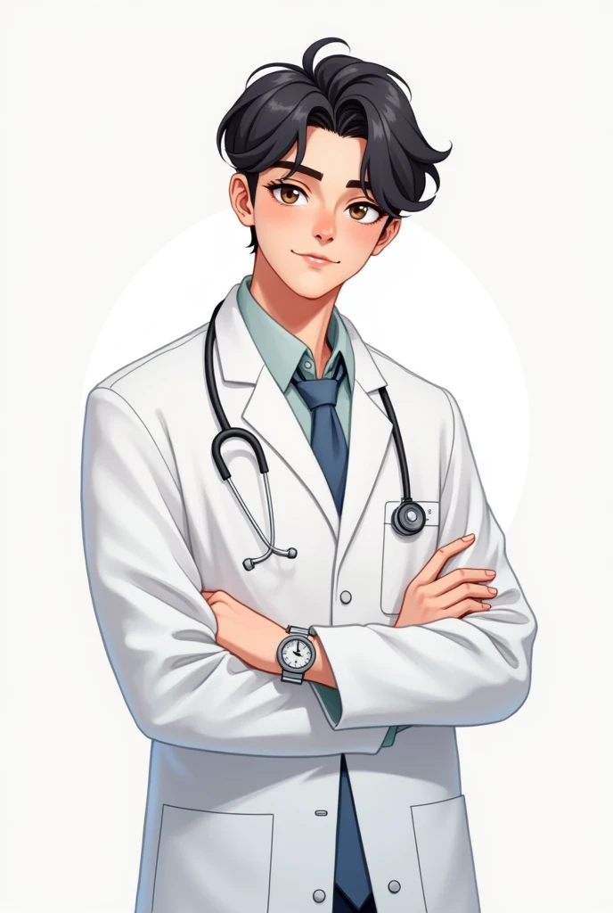 Request a 2D male pharmacist picture with a middle-parted hairstyle, looking like a teenager with a celebrity look.