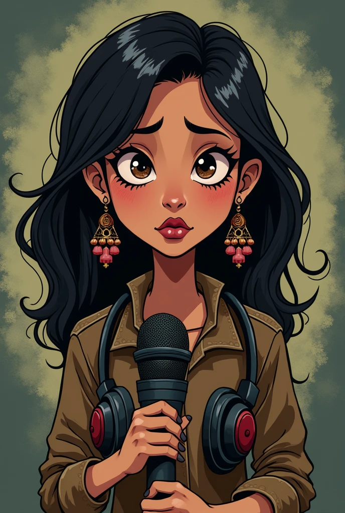 a desi touch, a brown girl with medium thick eyebrows, small downturned light btown eyes, light skin, small nose, small but heavy lower lip and dark shirt hair with jhumka earrings minimal alt clothing and desi background and icon picture for a podcast with a girl and a mic tim-burton cartoonish simple style with dark circles and eye bags should not look like anime but more gothic tim burton, she should not be too skinny either and minimal makeup lipstick shoikdnt be too dark and backgroind should be broader and more desi and podcast themed wallapaper holding a podcast mic and headphones, no blush and heavy tired dark circles eyes BLACK CLOTHES AND EYE BAGS UNDER EYES NO BLUSH ON HER CHEEKS