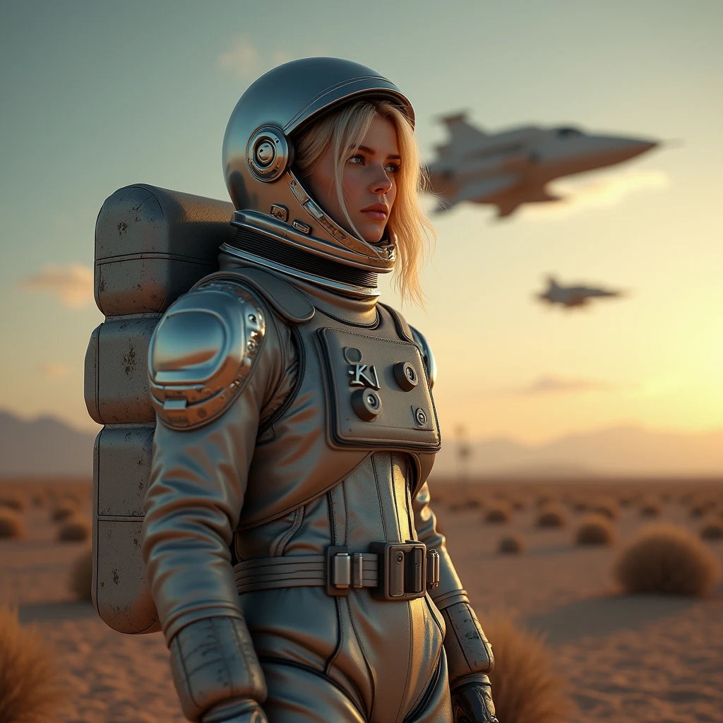 masterpiece, a beautiful blonde german girl lonely astronaut, desolate planetary landscape, space and stars, electric ambiance, utility belt, metallic gray zinc, science fiction, ultra high resolution. Photorealistic, 16k, UHD, HDR, Best quality, skin-tight astronaut suit, intricate, most fantastic details, ROUGH, Dramatic lighting, full body, spaceships in the sky, realistic reflections, sunrise, focus scale, , determined, dynamic posture, a military space complex in the background