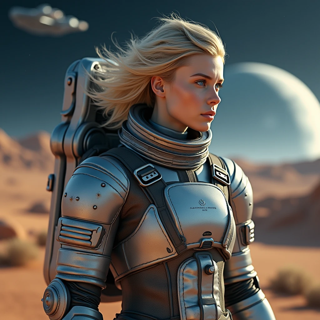 masterpiece, a beautiful blonde german girl lonely astronaut, desolate planetary landscape, space and stars, electric ambiance, utility belt, metallic gray zinc, science fiction, ultra high resolution. Photorealistic, 16k, UHD, HDR, Best quality, skin-tight astronaut suit, intricate, most fantastic details, ROUGH, Dramatic lighting, full body, spaceships in the sky, realistic reflections, sunrise, focus scale, , determined, dynamic posture, a military space complex in the background