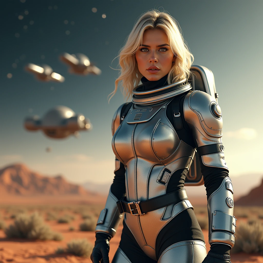 masterpiece, a beautiful blonde german girl lonely astronaut, desolate planetary landscape, space and stars, electric ambiance, utility belt, metallic gray zinc, science fiction, ultra high resolution. Photorealistic, 16k, UHD, HDR, Best quality, skin-tight astronaut suit, intricate, most fantastic details, ROUGH, Dramatic lighting, full body, spaceships in the sky, realistic reflections, sunrise, focus scale, , determined, dynamic posture, a military space complex in the background