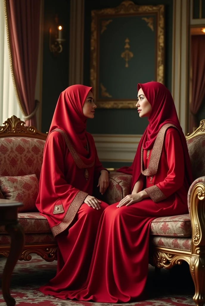 There was a lot of furniture inside a room, a beautiful Muslim lady in a red saree was sitting at the head of the room, and her mother-in-law was sitting The way next to him was sittingof her.