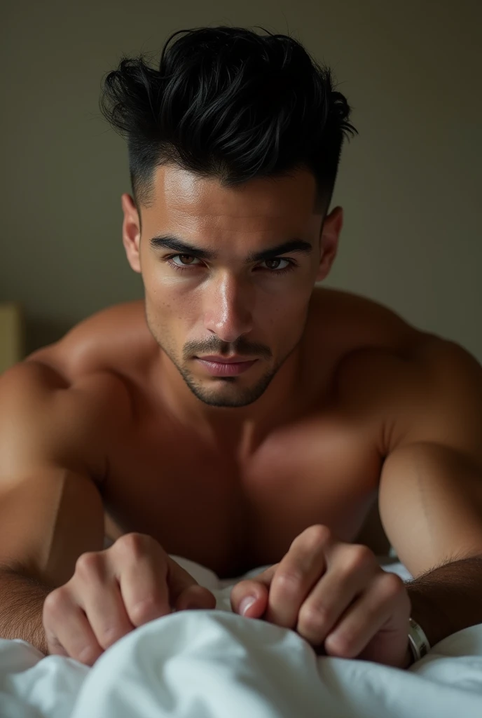 Naked man, ripped abs, haircut like after a bath, black hair, cute, handsome, duck mouth, looks like he's about to attack, his fingers are beautifully tanned, his eyes are entranced, on a double bed