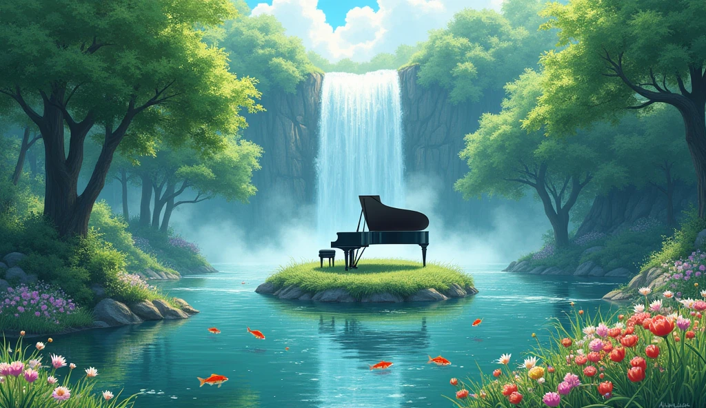 This image is、I draw tranquil natural scenery.。In the center is a grand piano placed on the island.、A waterfall cascades in the background.、Lush tree々It is surrounded by。In the foreground there are colorful flowers、The soft light of early morning or evening envelops the whole.。This scene、It creates a peaceful and magical atmosphere.。Fantastic watercolor style。Makoto Shinkai-style anime。Green foliage tree,Carp is swimming in the pond