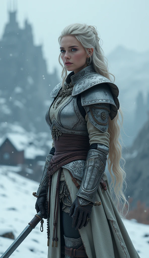 Female Dovakin from skyrim, snowy background, standing proud, dark city background, dynamic pose, 4k quality, very detailed, bokeh