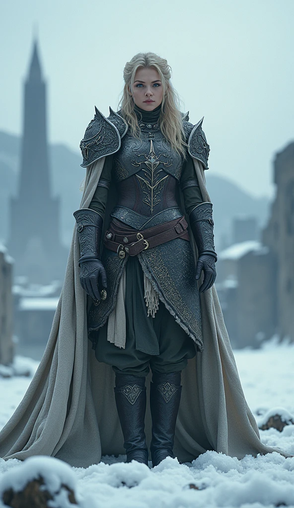 Female Dovakin from skyrim, snowy background, standing proud, dark city background, dynamic pose, 4k quality, very detailed, bokeh