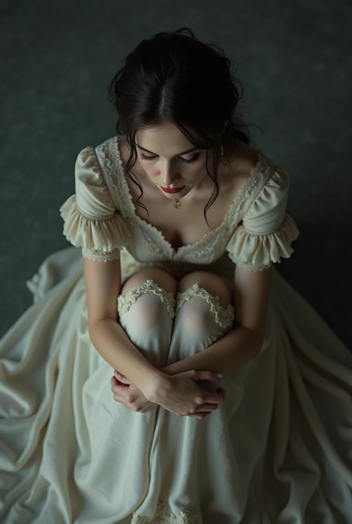 Victorian lady sitting, monotone, over her head view, Sitting with hugging her knees