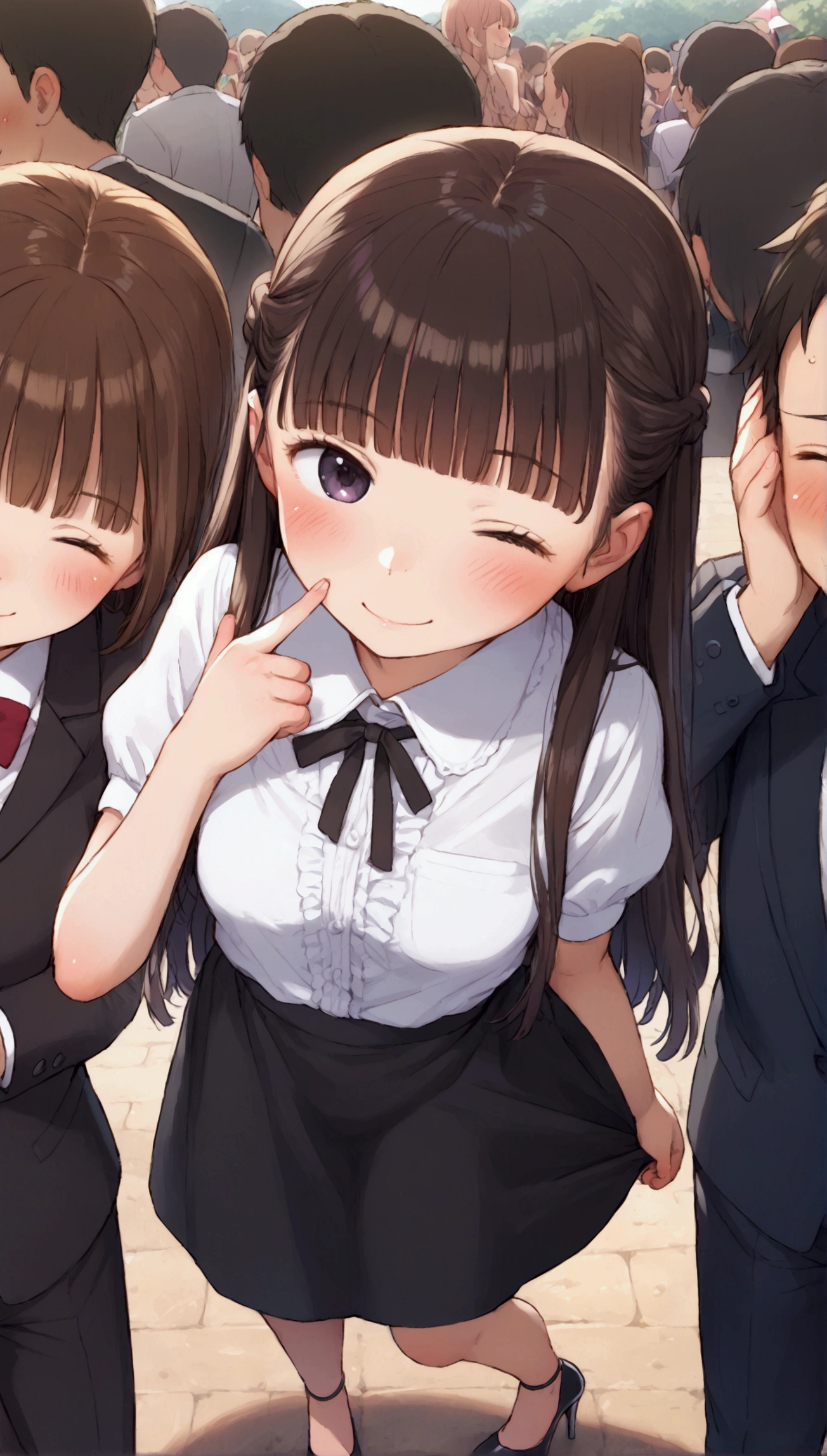 {Highest quality}, {so beautiful},{Ultra-fine},{Best illustrations},Brown Hair,Hime cut,Long Hair,Braiding,One Woman,Standing woman,Strike a Pose,Adult female,smile,Ecstasy face,Wink,OL,suit,White Shirt,Short sleeve,black straight skirt,Night Festival,blush,thin,Black stiletto heels,From above,Woman with legs closed,Wave with one hand