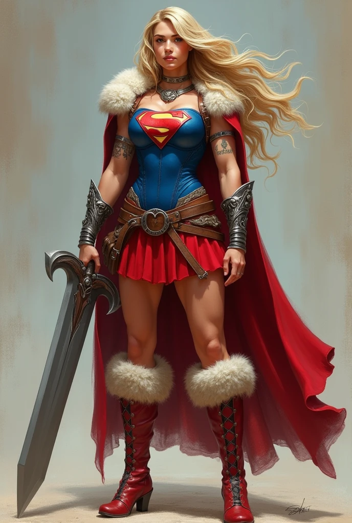 ((((Supergirl Woman of thick build with muscles in arms and legs)))),(((A beautiful woman with long blonde hair ruffled by the wind))),(((Blue corset with wide brown leather harness)))),((((Red skirt in sheepskin)))),((((Red boots on sheepdog con borde)))),(((Sheepskin on his shoulders))),(((Tattoos on one of his arms)))),((((Giant Broad-Brimmed Sword)))),(((Red skirt in sheepskin ))),(((Red boots on sheepdog))),(((Blue corset with Supergirl emblem )))),((((Silver-colored metal bracelets oscuros)))),((((woman with a thick build, muscular arms and legs)))),((((Silver-colored metal bracelets))),(((((Sheepskin on his shoulders and a red cape))))),((((red cape)))),(((((Supergirl emblem on her chest )))))