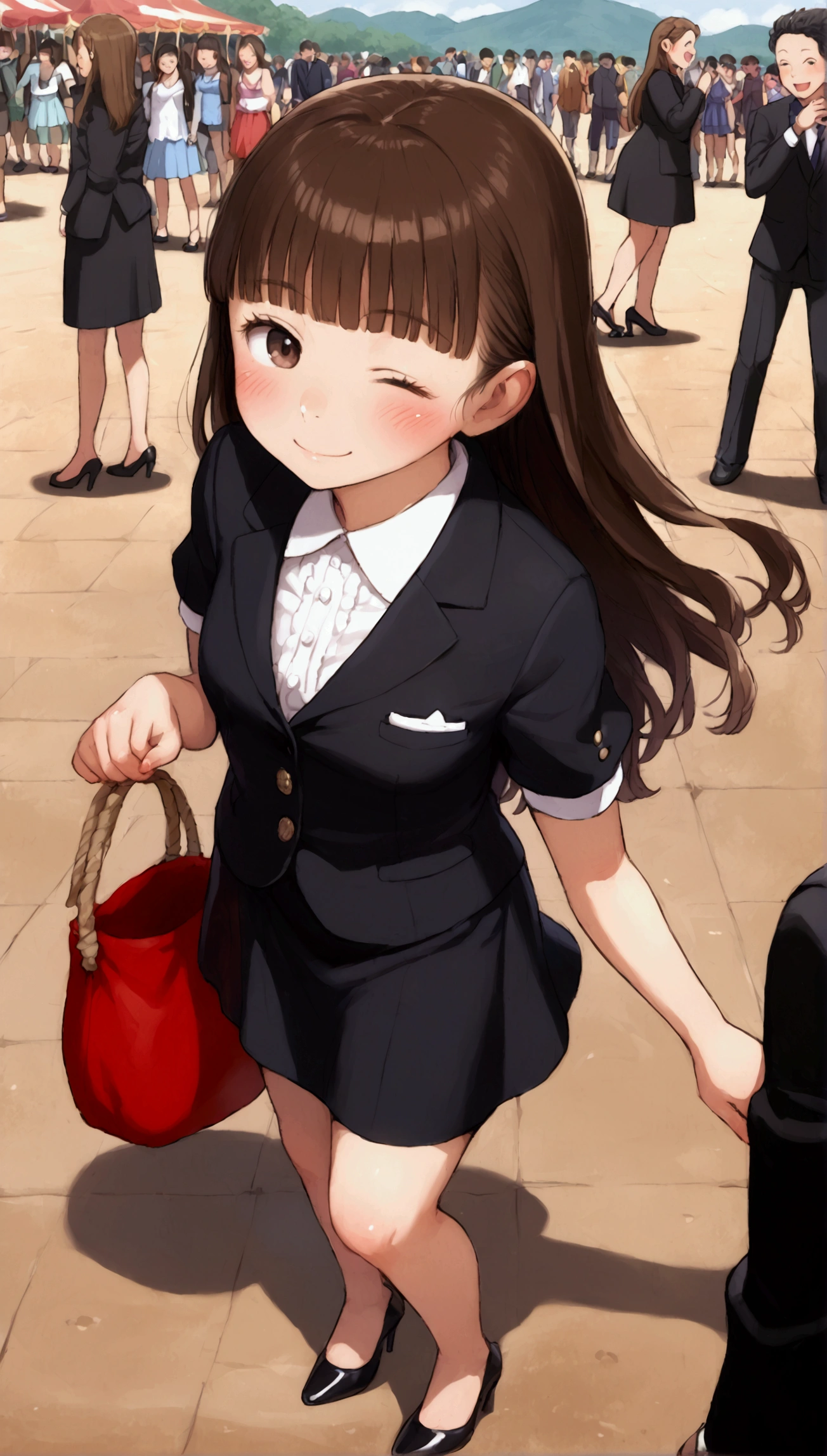 {Highest quality}, {so beautiful},{Ultra-fine},{Best illustrations},Brown Hair,Hime cut,Long Hair,Braiding,One Woman,Standing woman,Strike a Pose,Adult female,smile,Ecstasy face,Wink,OL,suit,White Shirt,Short sleeve,Black straight long skirt,Night Festival,blush,thin,Black stiletto heels,From above,Woman with legs closed,Wave with one hand