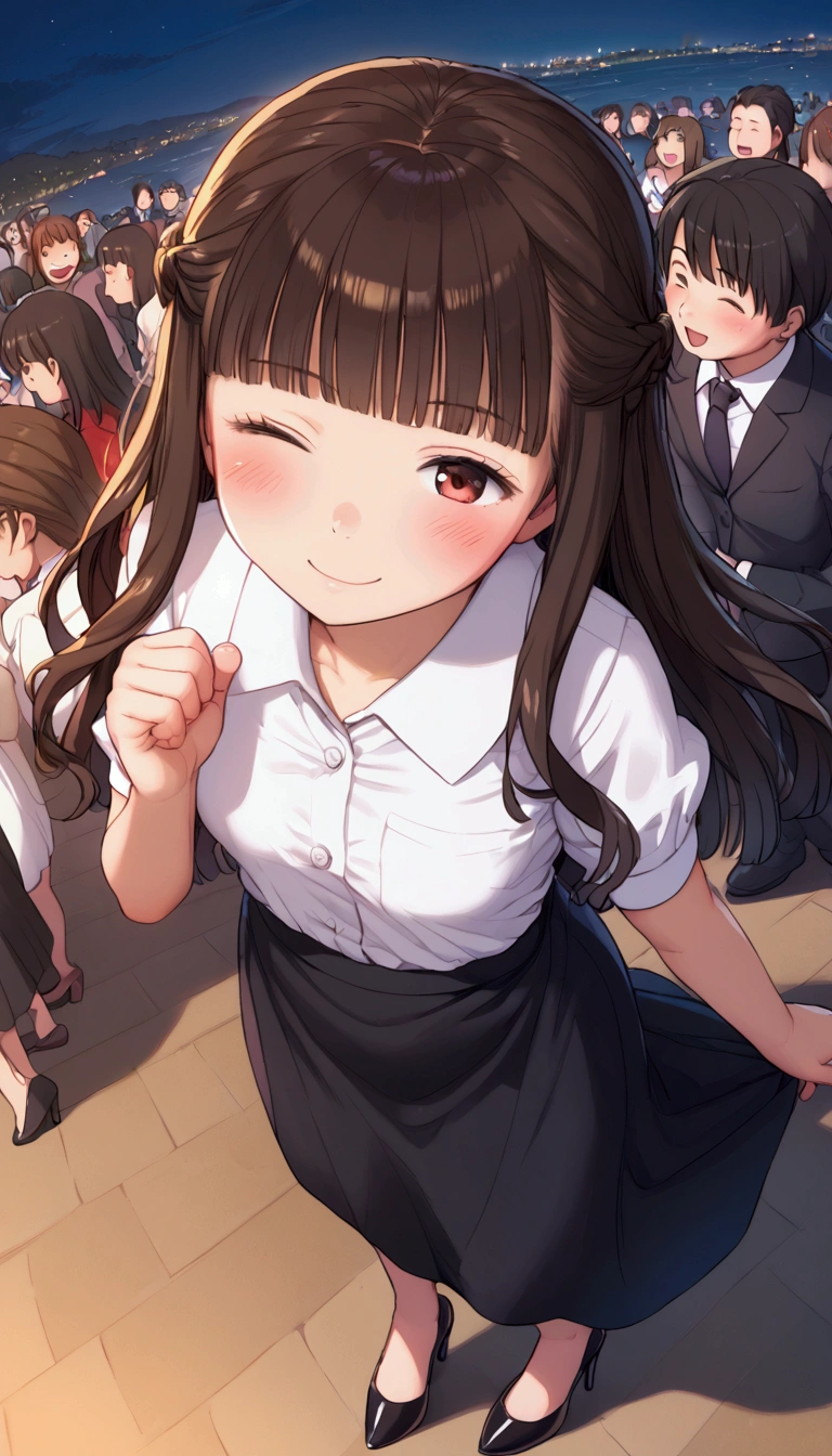 {Highest quality}, {so beautiful},{Ultra-fine},{Best illustrations},Brown Hair,Hime cut,Long Hair,Braiding,One Woman,Standing woman,Strike a Pose,Adult female,smile,Ecstasy face,Wink,OL,suit,White Shirt,Short sleeve,Black straight long skirt,Night Festival,blush,thin,Black stiletto heels,From above,Woman with legs closed,Wave with one hand