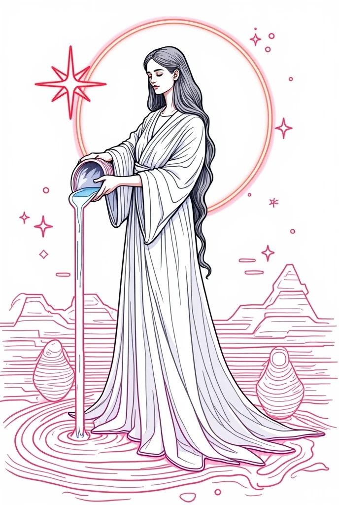 coloring book line art, The Star tarot card simplified, synthwave art style, bold lines, dynamic composition, futuristic elements inspired by synthwave aesthetics, geometric patterns, minimalist stars and celestial motifs, figure pouring water, serene expression, flowing garments, digital grid landscapes, neon-like outline effects, white background, high contrast for easy coloring, visual clarity, space