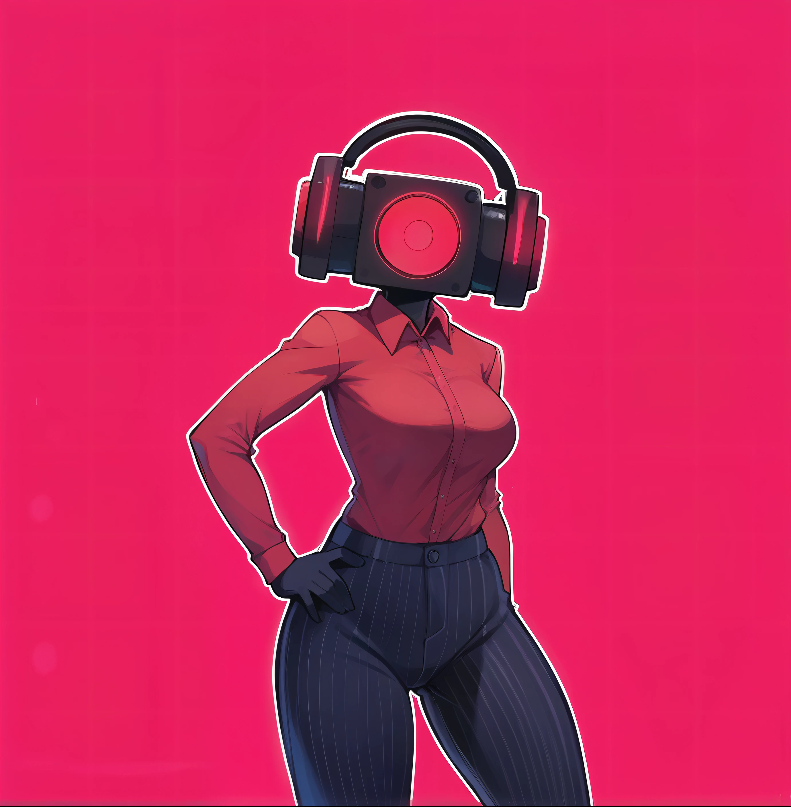 score_9, score_8_up, score_7_up, score_6_up, score_5_up, score_4_up, (1girl), (masterpiece, best quality, ultra-detailed), Speaker Woman, humanoid female with a large red speaker for a head, sleek black pinstripe suit, fitted jacket with a tie, long sleeves, form-fitting pants, confident and assertive pose, black gloves, glowing red, vibrant red background, simple lighting, dynamic composition, smooth shading, clean lines, clear focus, full-body view, robot_head_speaker, real human body, robot_head_speaker_woman, Black full body suit elegant with stripes with, Red shirt underneath, robot_head_speaker, red shirt, big headphones, Nyantcha style, GLaDOSSDXL, Glados, mechanical parts, humanoid robot, Short hair,