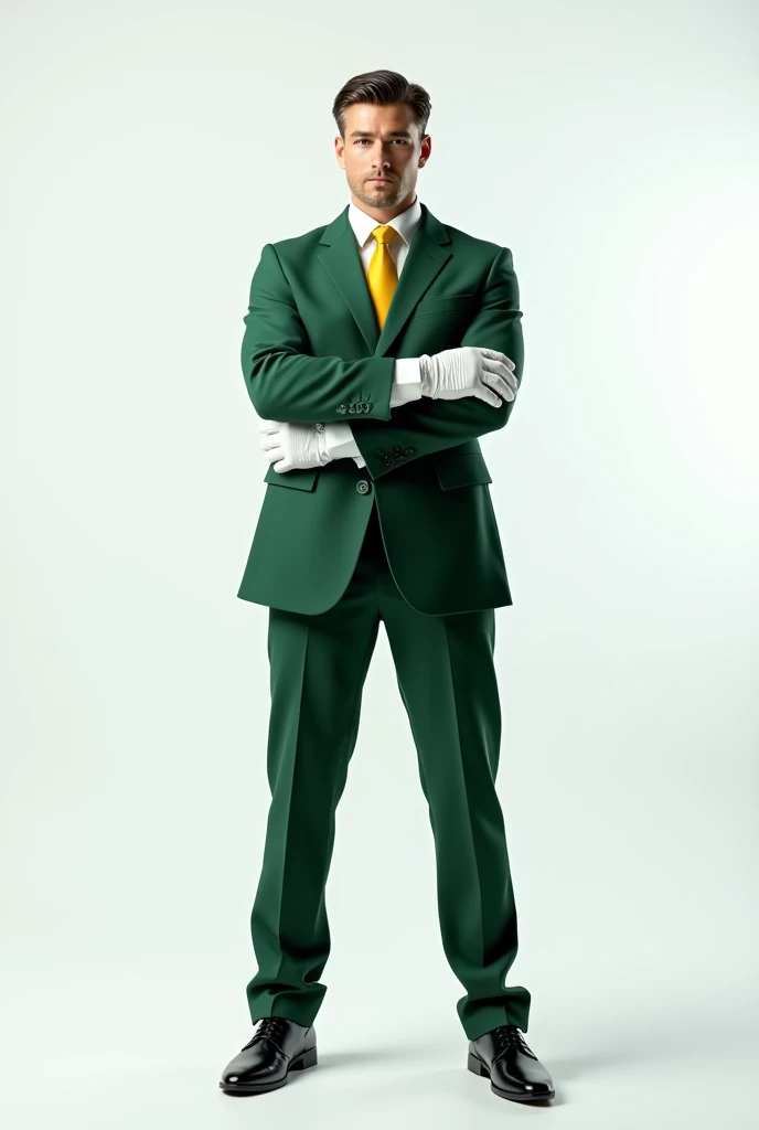 A white man with side-swept hair showing his entire body, wearing a green formal suit and black formal shoes, with a white, well-lit background and no shadows, wearing a green suit, yellow tie and blue undershirt, with white gloves, as if he were looking at a camera and with his arms crossed facing the camera.