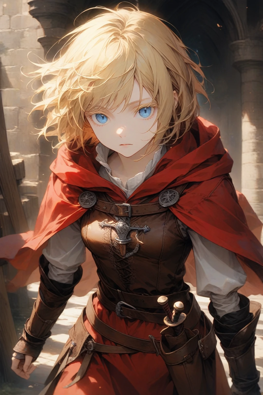 masterpiece, best quality, very aesthetic, absurdres,1girl,rating: general,(hyper detailed eyes),blonde hair,short hair,[disheveled hair],colored eyelashes,blonde eyelashes,blue eyes,(sharp eyes),(slanted eyes),choppy bangs,medium breasts,clear face,expressionless,(red hooded cloak),leather armor,leather chest guard,leather gauntlets,leather greaves,leather boots,dagger on hip,medieval,